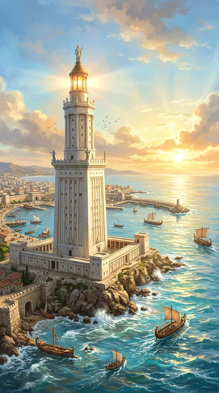 The Pharos Lighthouse with its beacon lit, ships sailing into Alexandria's harbour