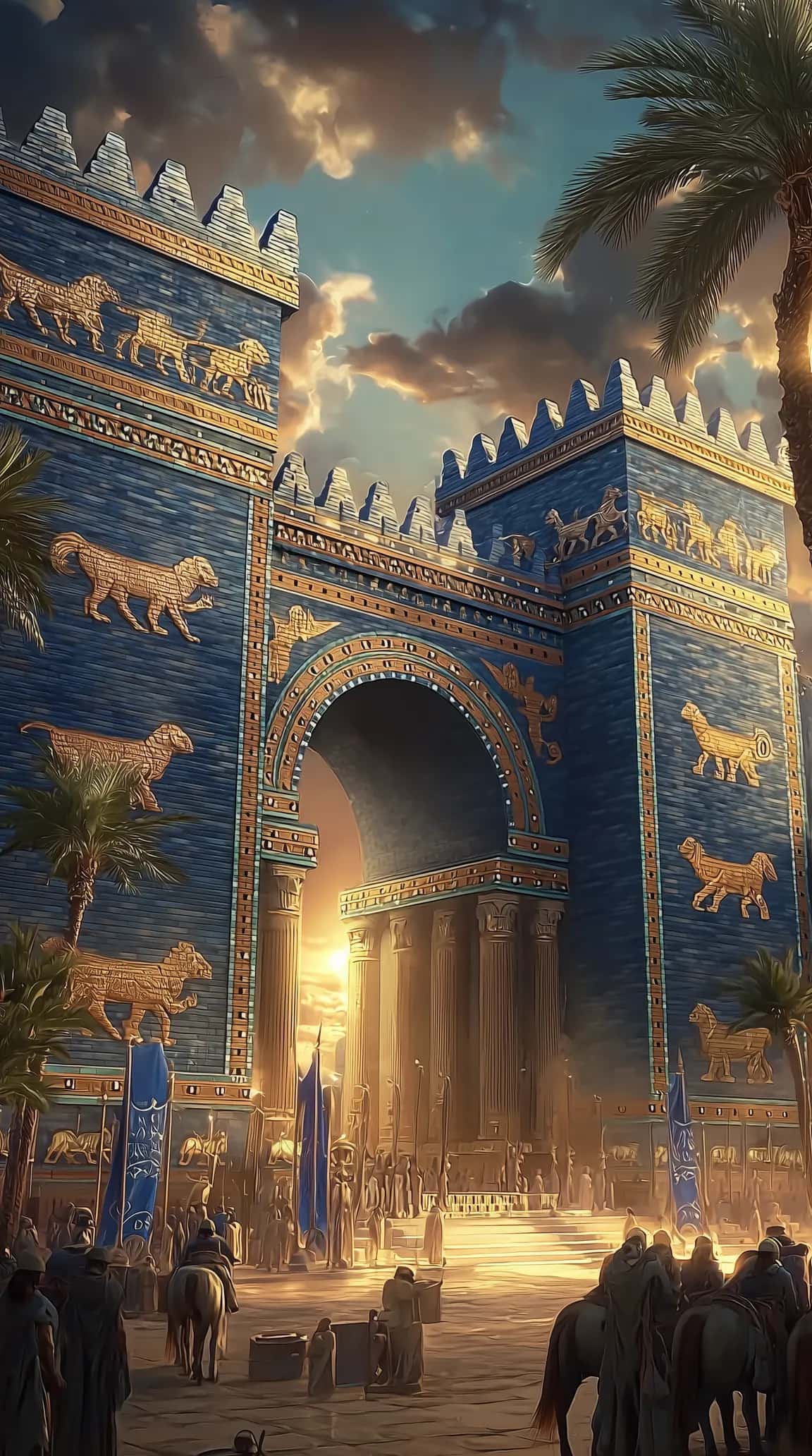 The blue-glazed Ishtar Gate with golden lions, a procession passing through