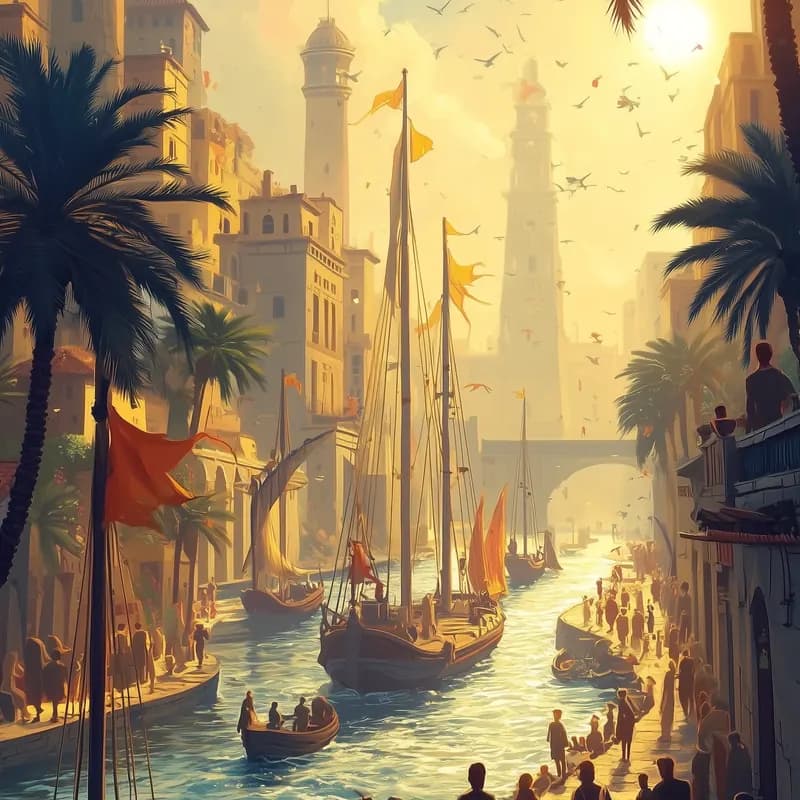 Alexandria's harbour with sailing ships, palm trees and people on the quay