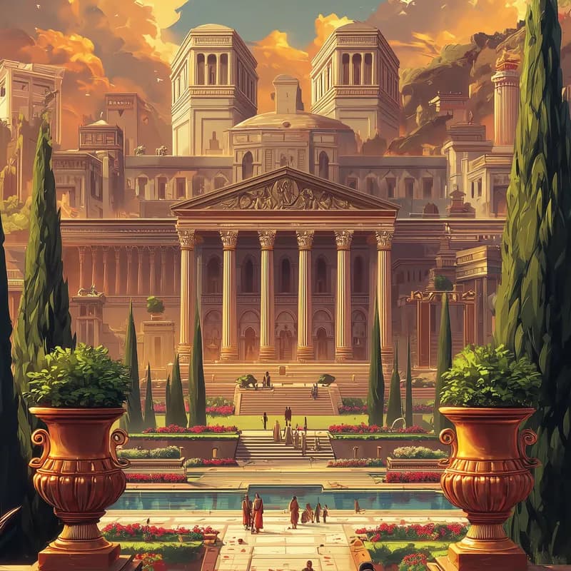 The Royal Quarter of Alexandria, a procession walking toward a columned palace