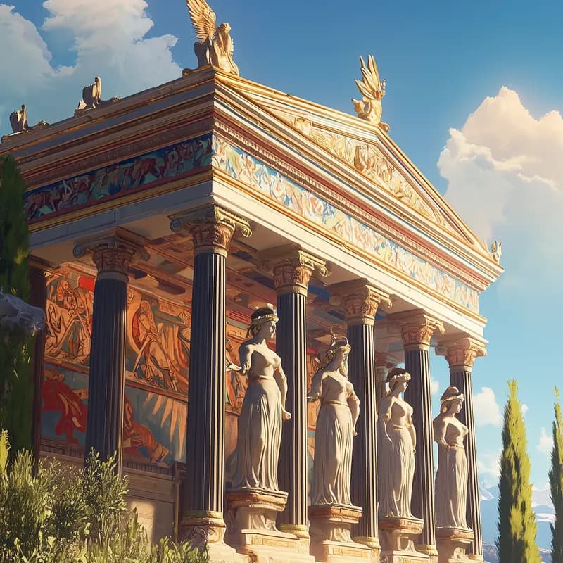 The Erechtheion, its Caryatid maidens holding up the porch beside olive trees