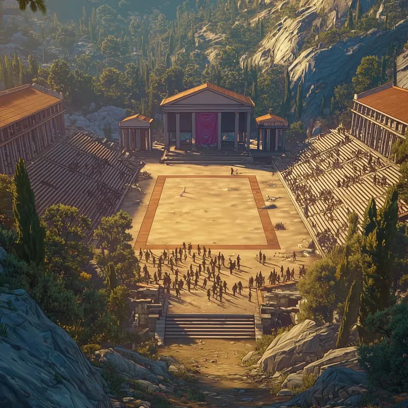The Panathenaic Stadium filled with spectators in a wooded valley