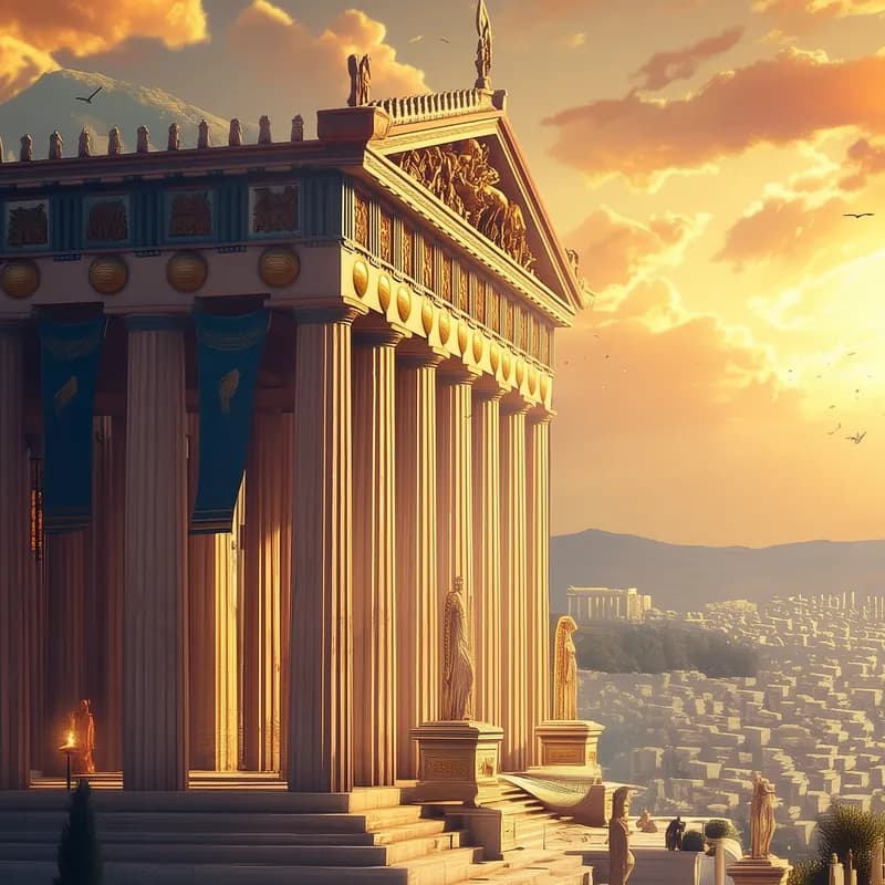 The Parthenon on the Acropolis at sunset, above the city of Athens
