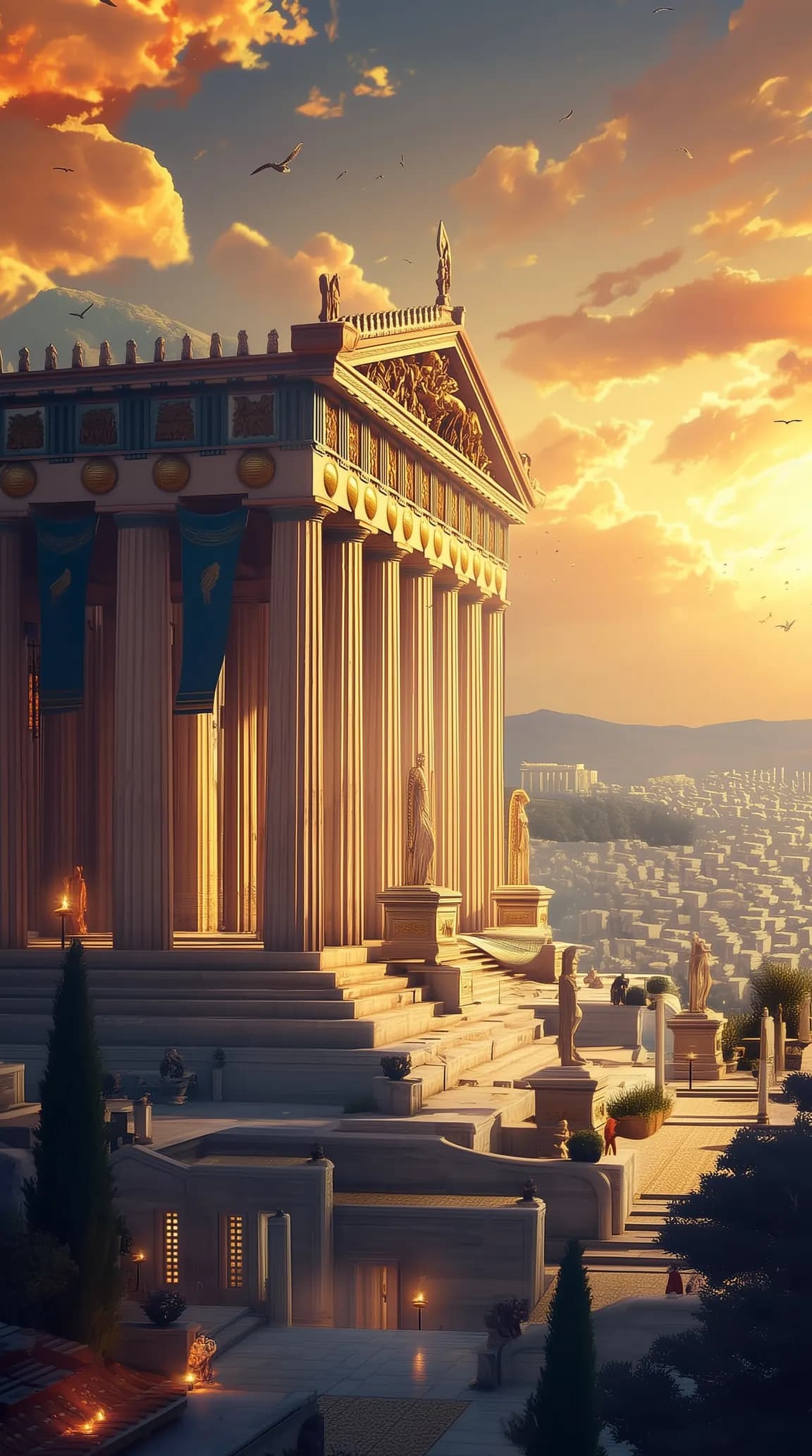 The Parthenon on the Acropolis at sunset, above the city of Athens