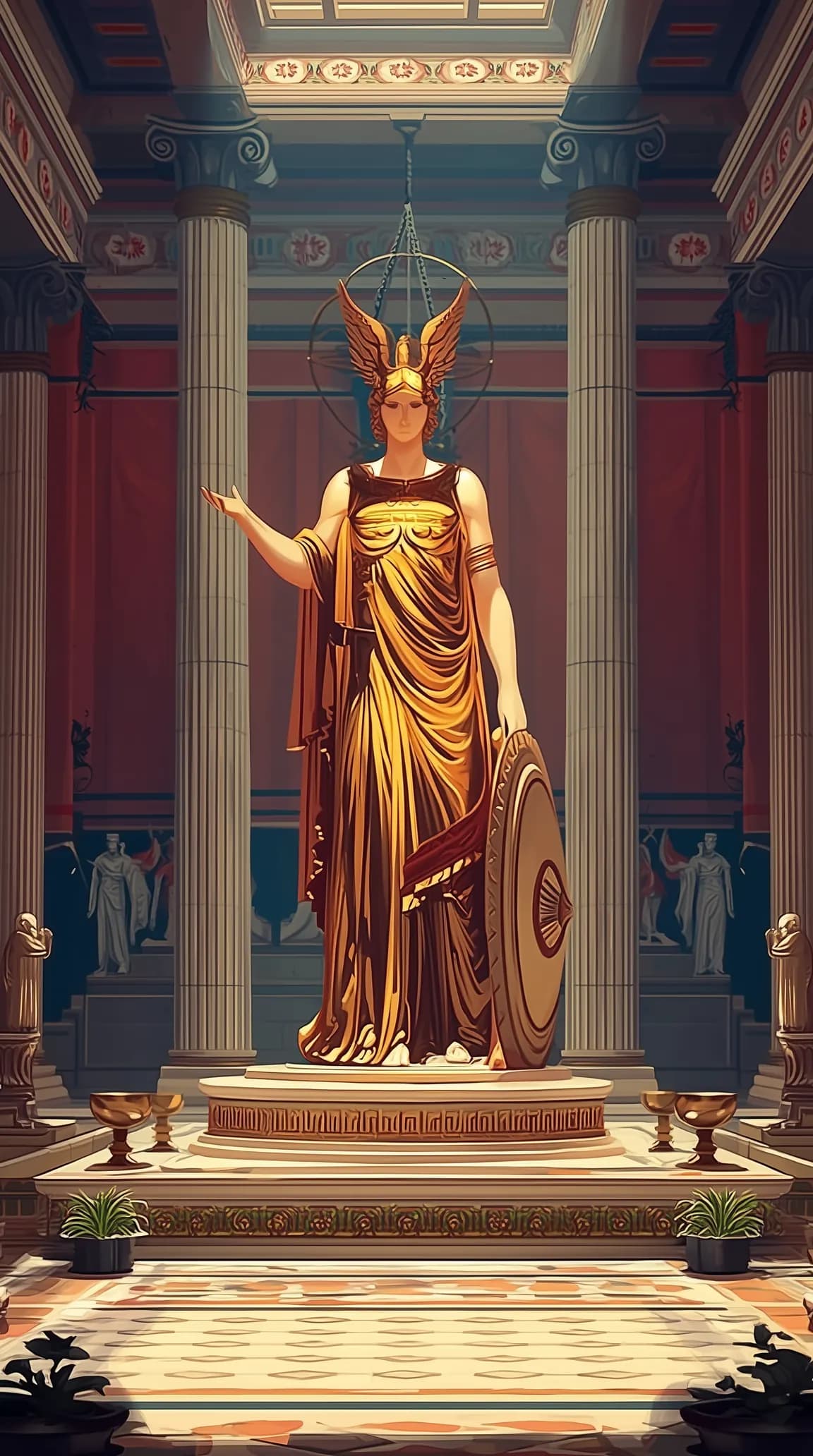 The golden statue of Athena Nike with helmet and shield inside her temple