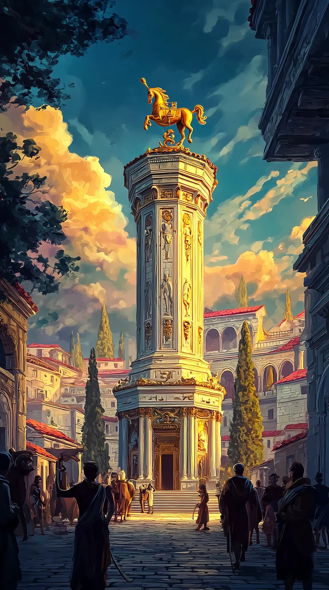 The Tower of the Winds crowned with a golden figure, above a busy Athenian street