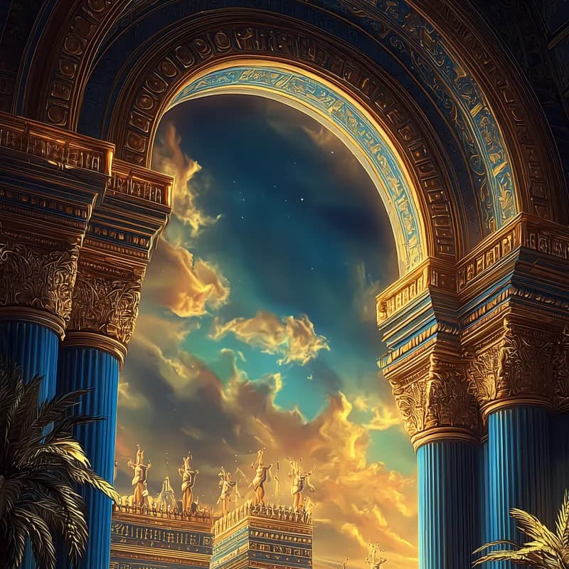A great archway of the Palace of Nebuchadnezzar opening onto golden halls and palms
