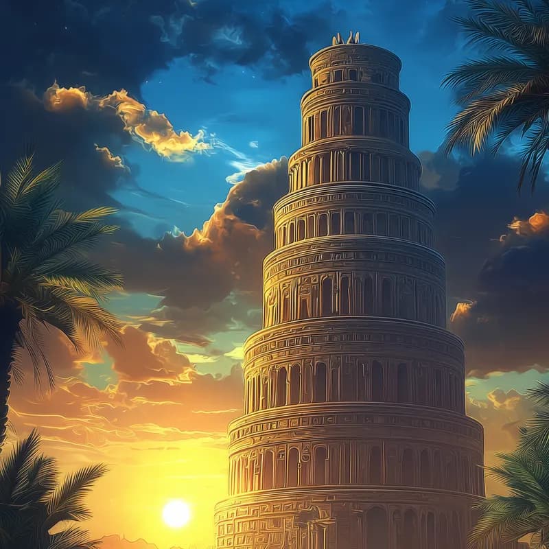 The Tower of Babel spiralling up into a sunset sky among palm trees