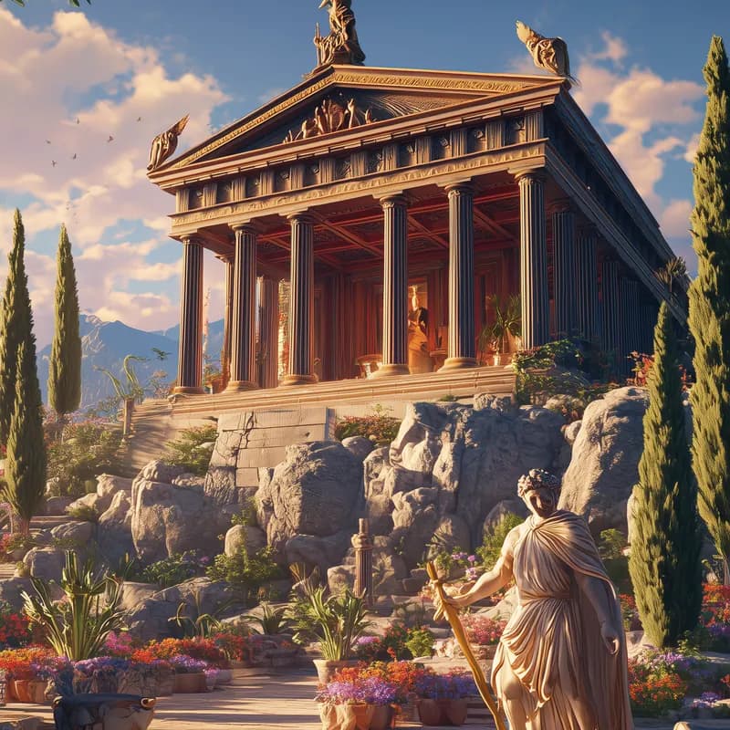 A temple of Athena on a rocky height above a garden with a marble statue of the goddess