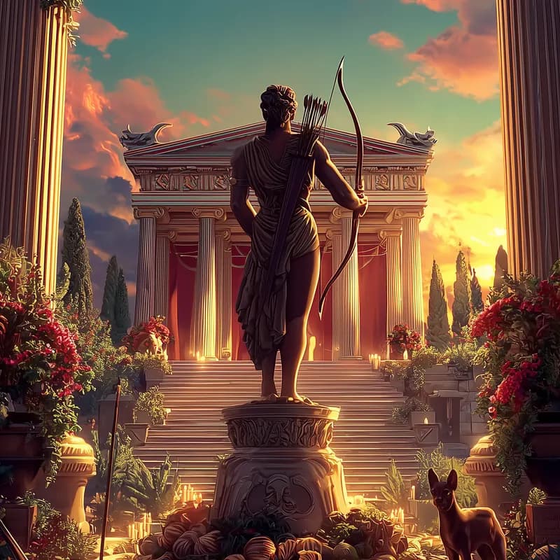 The Temple of Artemis Orthia at sunset, a bronze statue of Artemis with her bow before the temple steps