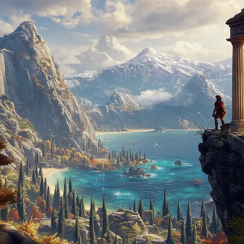The pass of Thermopylae: mountains, a turquoise gulf and a lone Spartan on a cliff