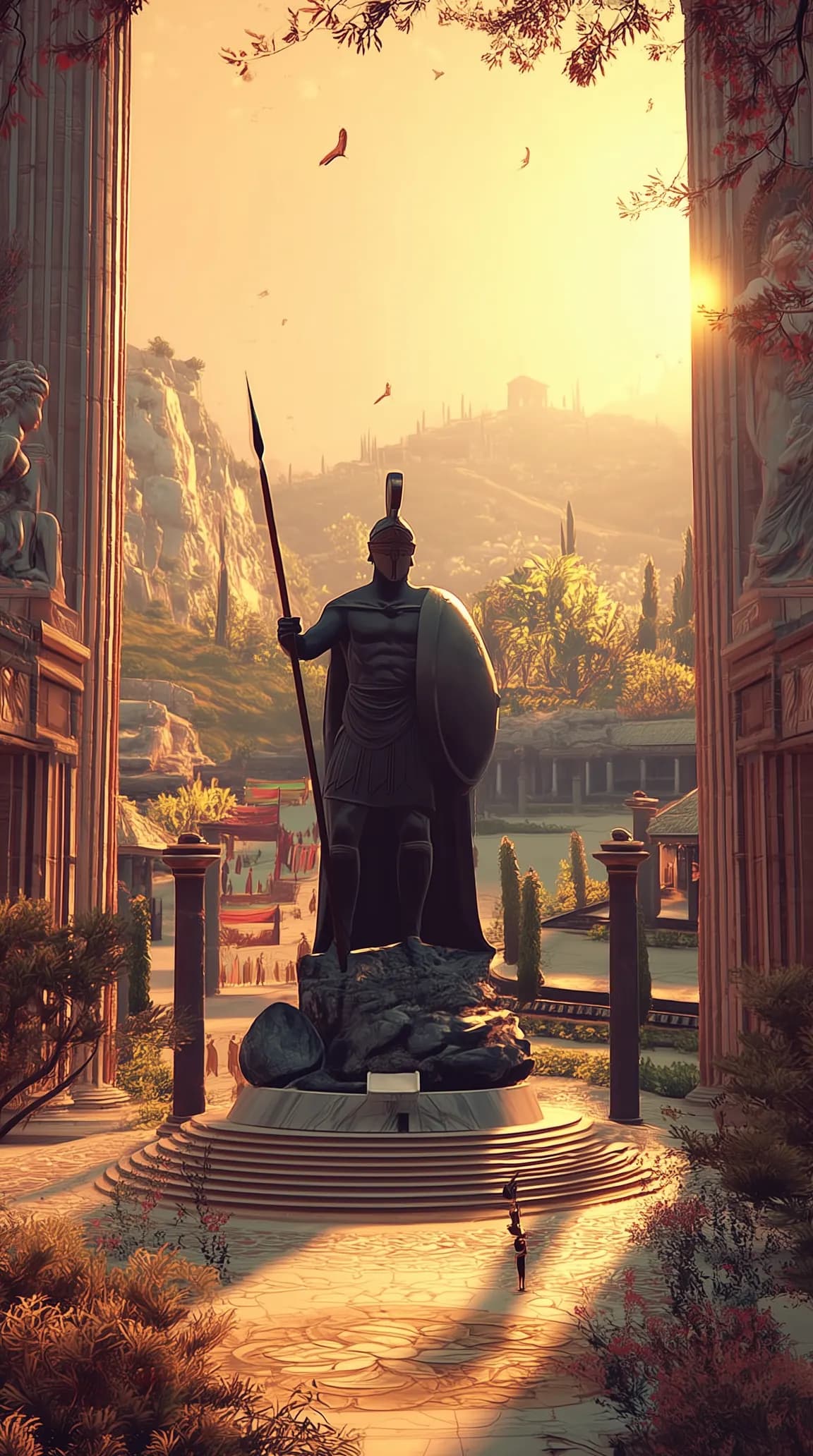A bronze statue of Leonidas with spear and shield at his tomb, lit by the setting sun