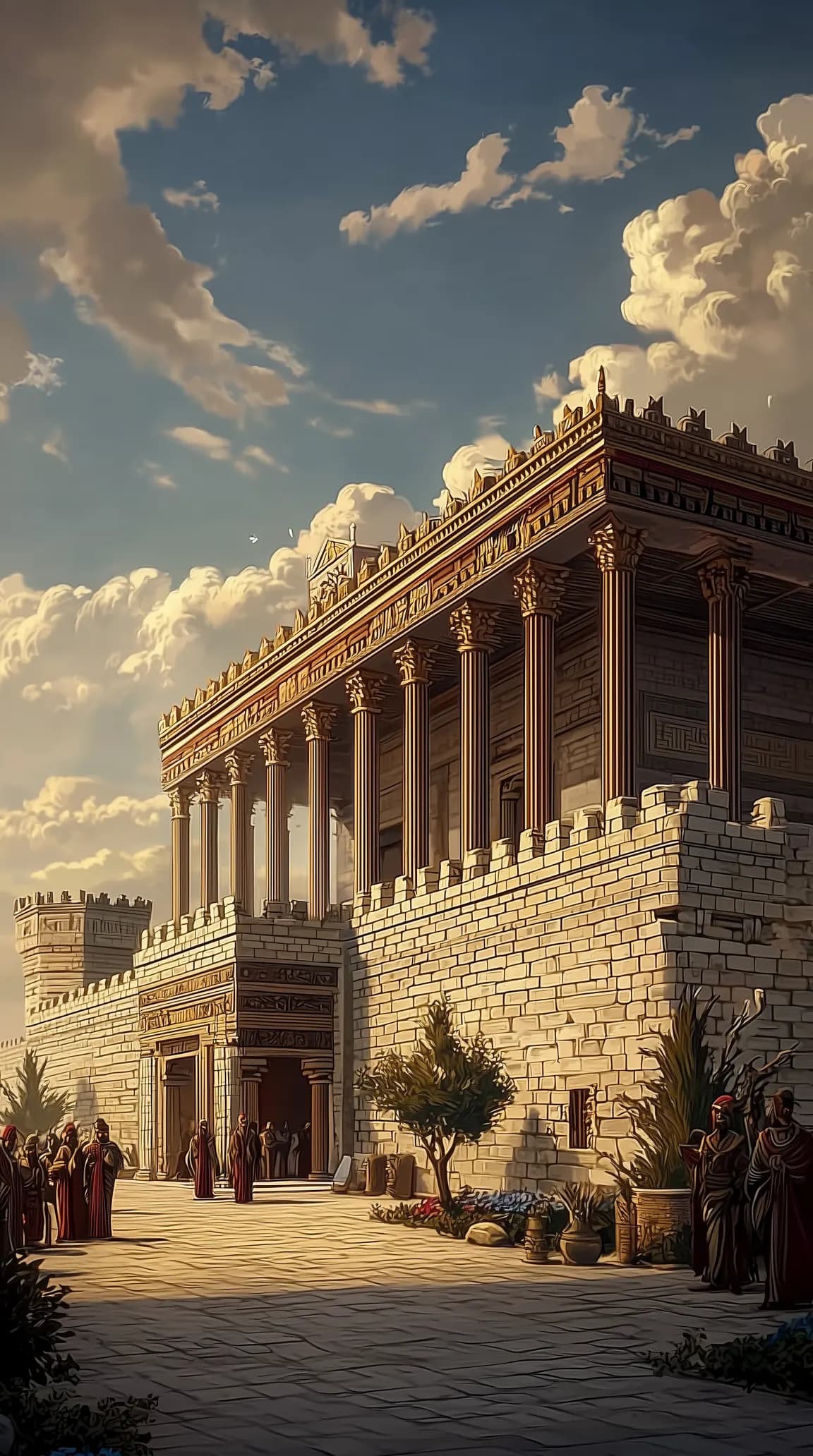 The Palace of Priam, a columned palace on Troy's stone walls under a golden sky