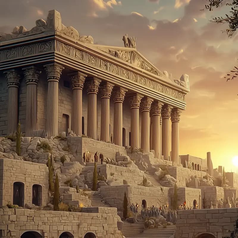 The Temple of Apollo Smintheus on a terraced hill, a crowd gathering at dusk