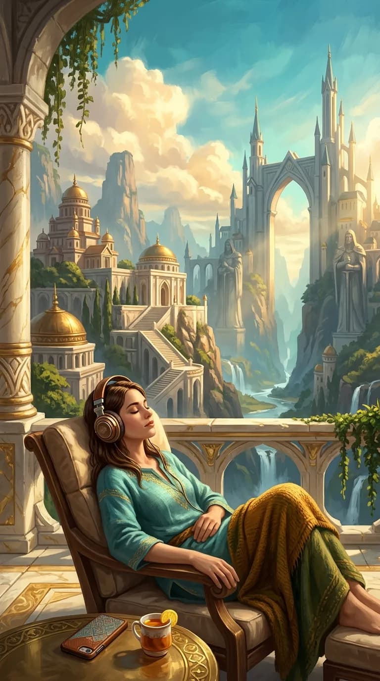 A person on a sunlit balcony wearing headphones, eyes closed, phone resting beside tea