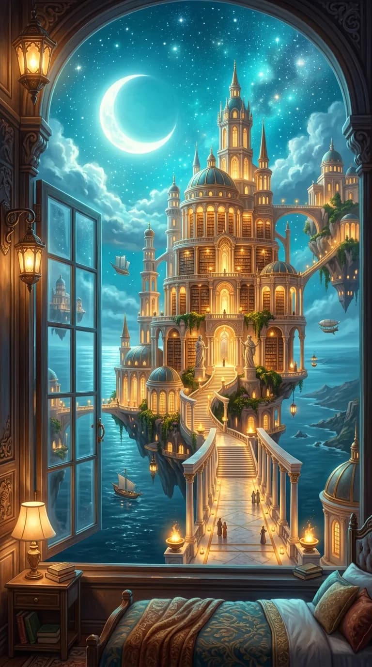A moonlit bedroom window opening onto a glowing floating library of storybooks above a sea