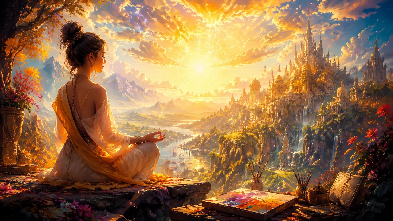 Person meditating with glowing imagination and creative energy flowing around them