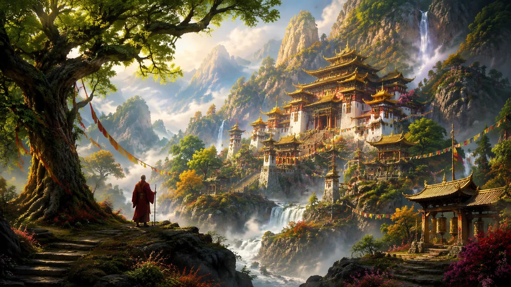 Ancient hidden monk temple nestled in misty mountains surrounded by lush vegetation