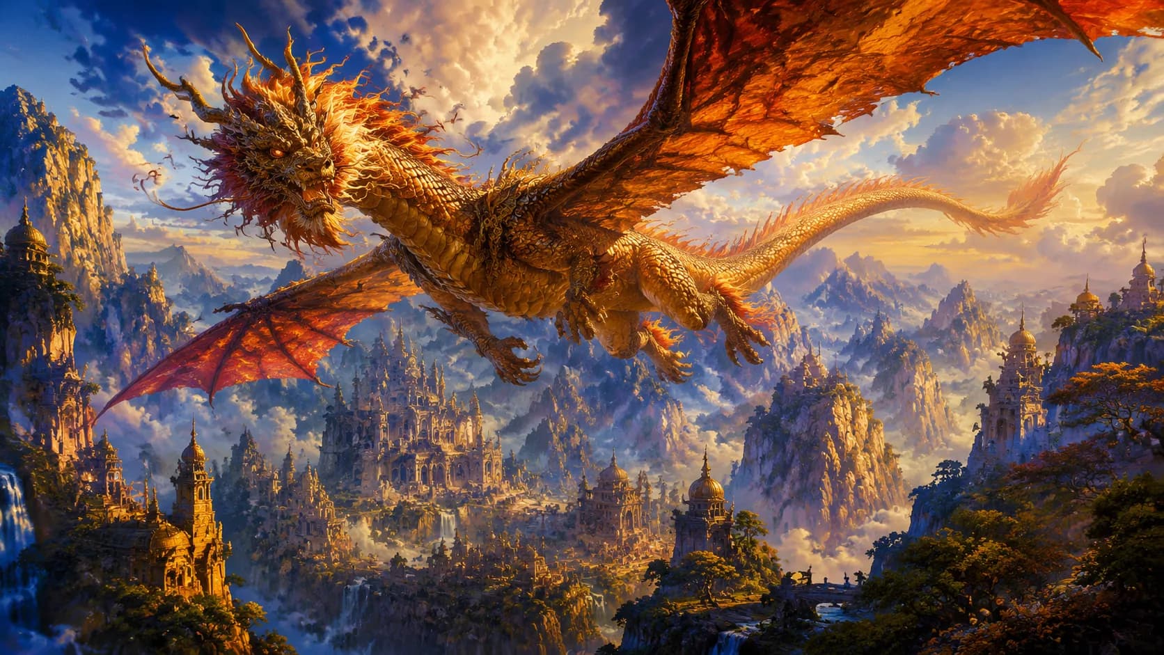 Majestic dragon flying over ancient mountains representing world mythology