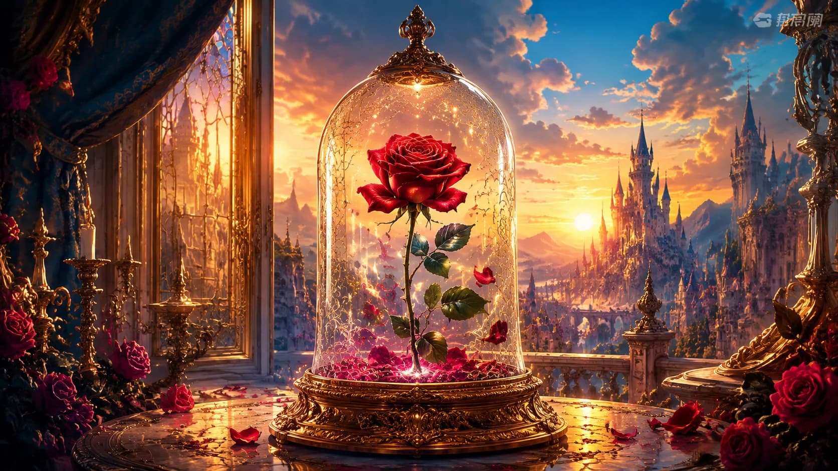 Enchanted rose in a magical fairy tale castle setting representing Beauty and the Beast