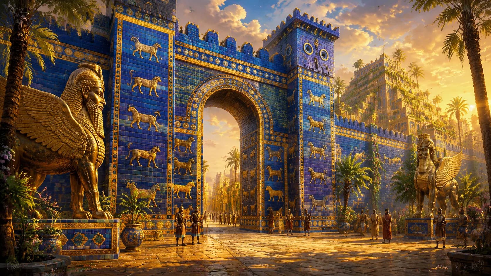 Ancient Babylon Ishtar Gate blue glazed tiles with mythical creatures and golden decorations
