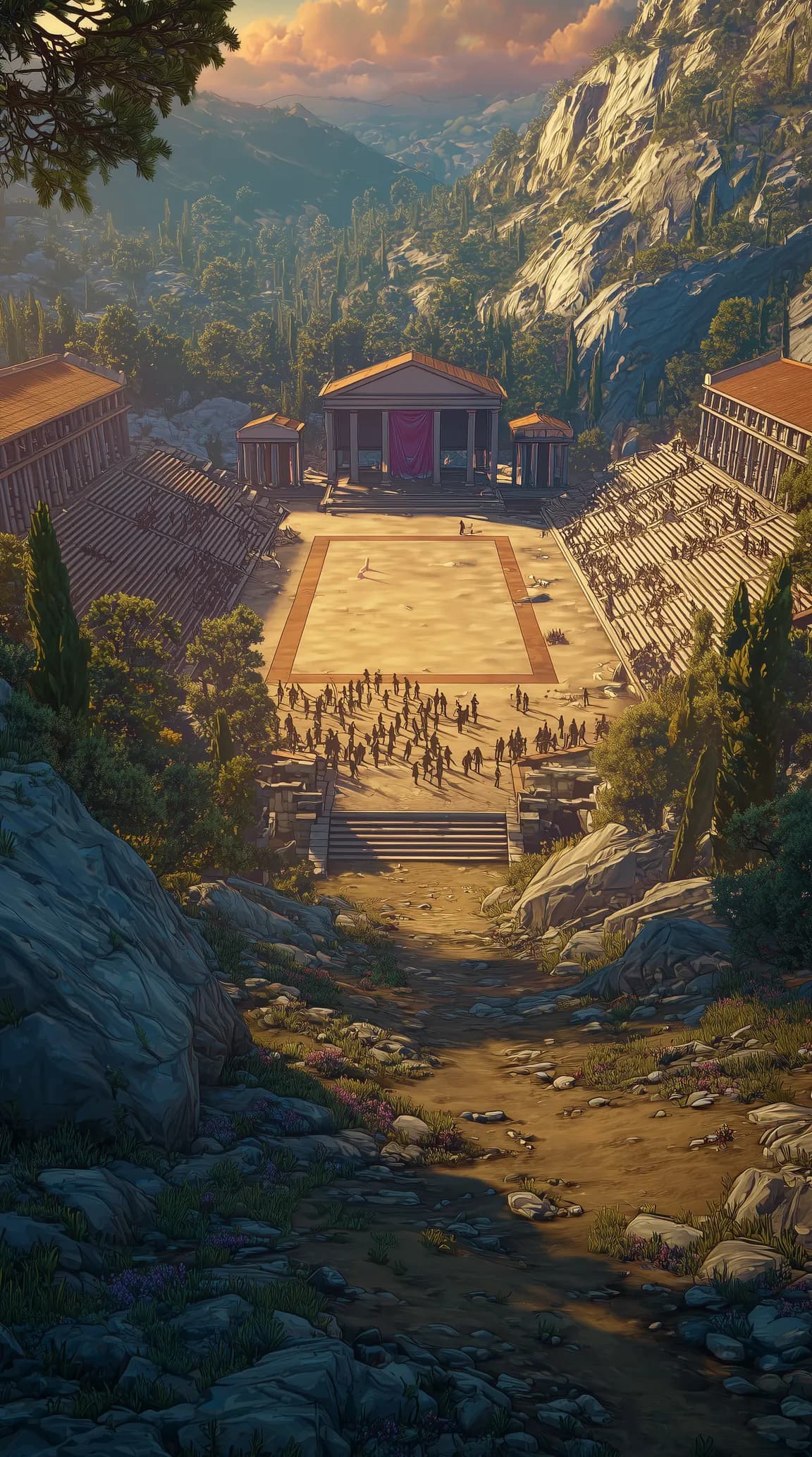 The Panathenaic Stadium filled with spectators in a wooded valley