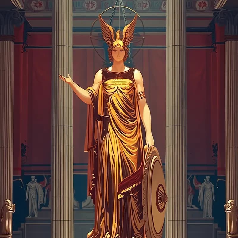 The golden statue of Athena Nike with helmet and shield inside her temple