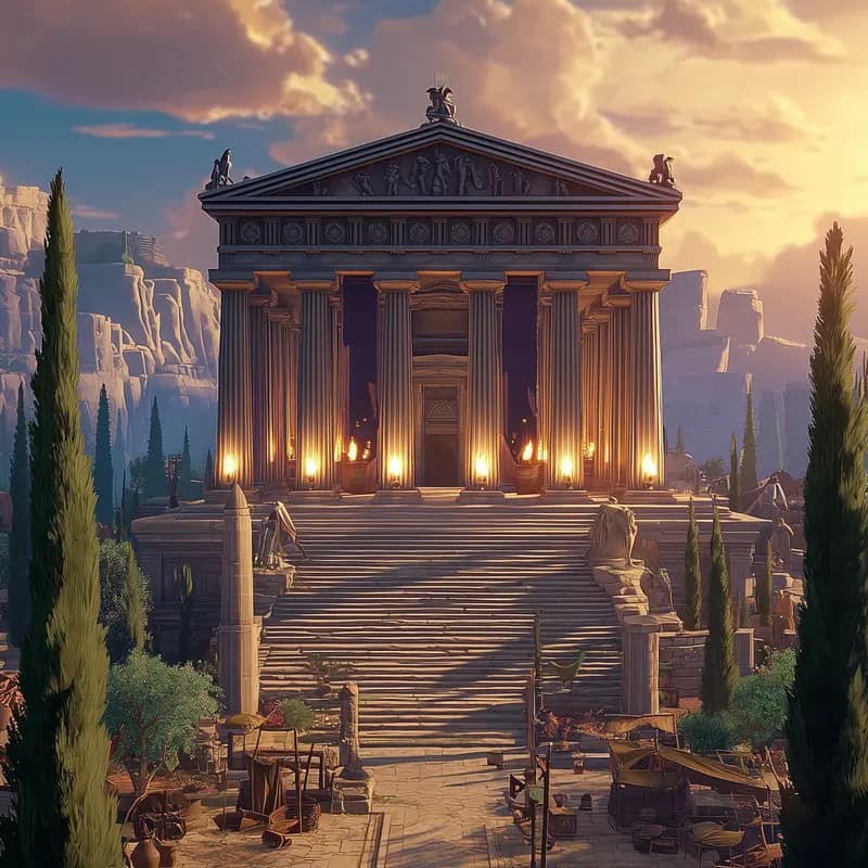 The Temple of Hephaestus at dusk, lamplit columns at the end of a path through cypress trees