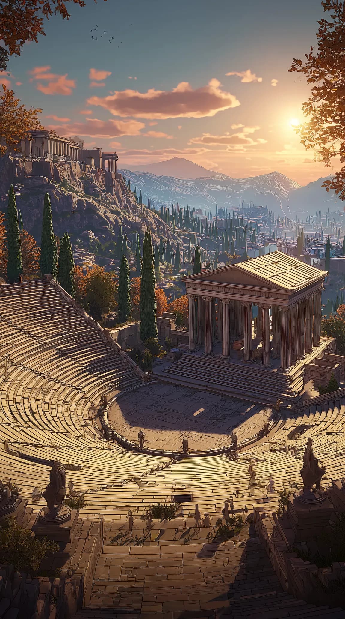 The Theatre of Dionysus, stone seats curving down the slope below the Acropolis