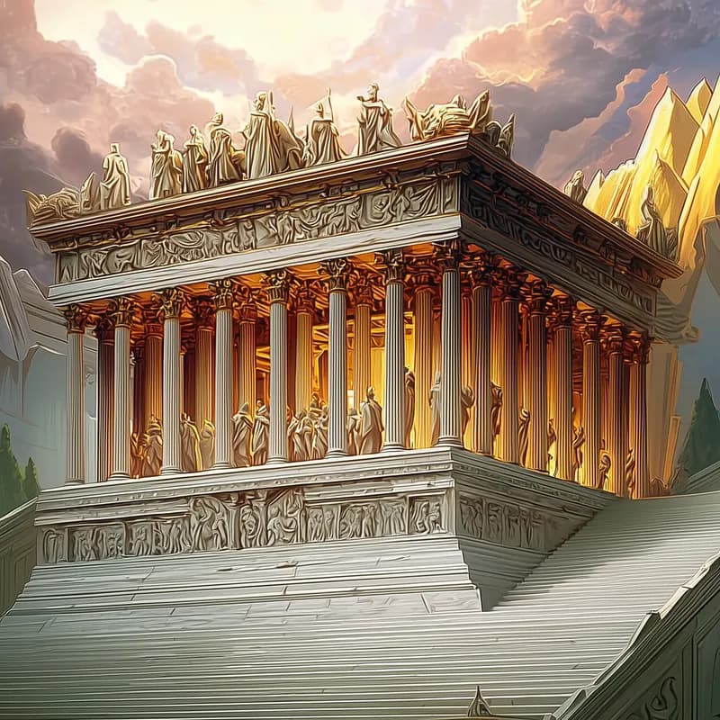 The marble Altar of Zeus Lakedaimonios, gilded columns and statues on a mountain ridge