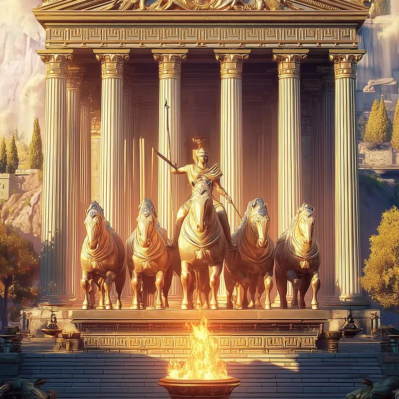 The Hall of Apollo's Prophecies, a golden statue on a four-horse chariot above a sacred flame