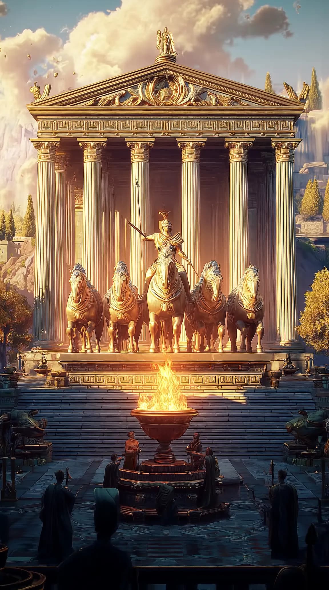 The Hall of Apollo's Prophecies, a golden statue on a four-horse chariot above a sacred flame