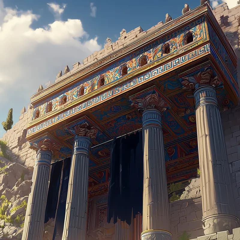 The Palace of Menelaus, a columned hall with dark banners above wide stone steps