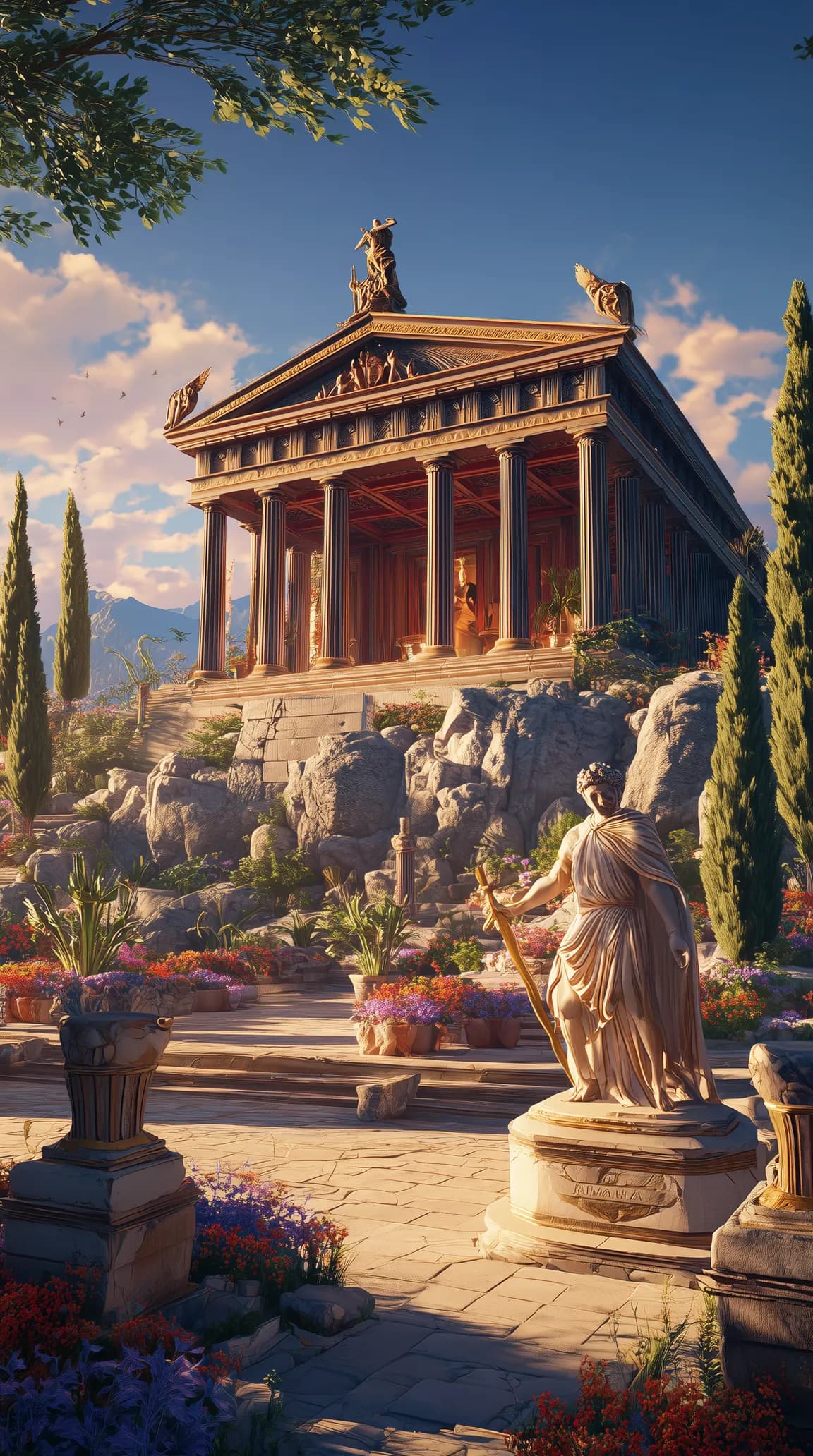 A temple of Athena on a rocky height above a garden with a marble statue of the goddess