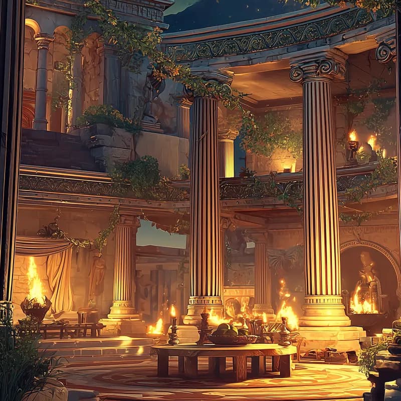 The Sanctuary of the Dioscuri at night, a lamplit colonnade hung with garlands