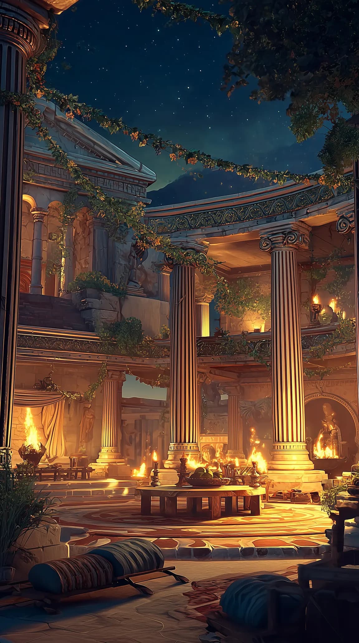 The Sanctuary of the Dioscuri at night, a lamplit colonnade hung with garlands