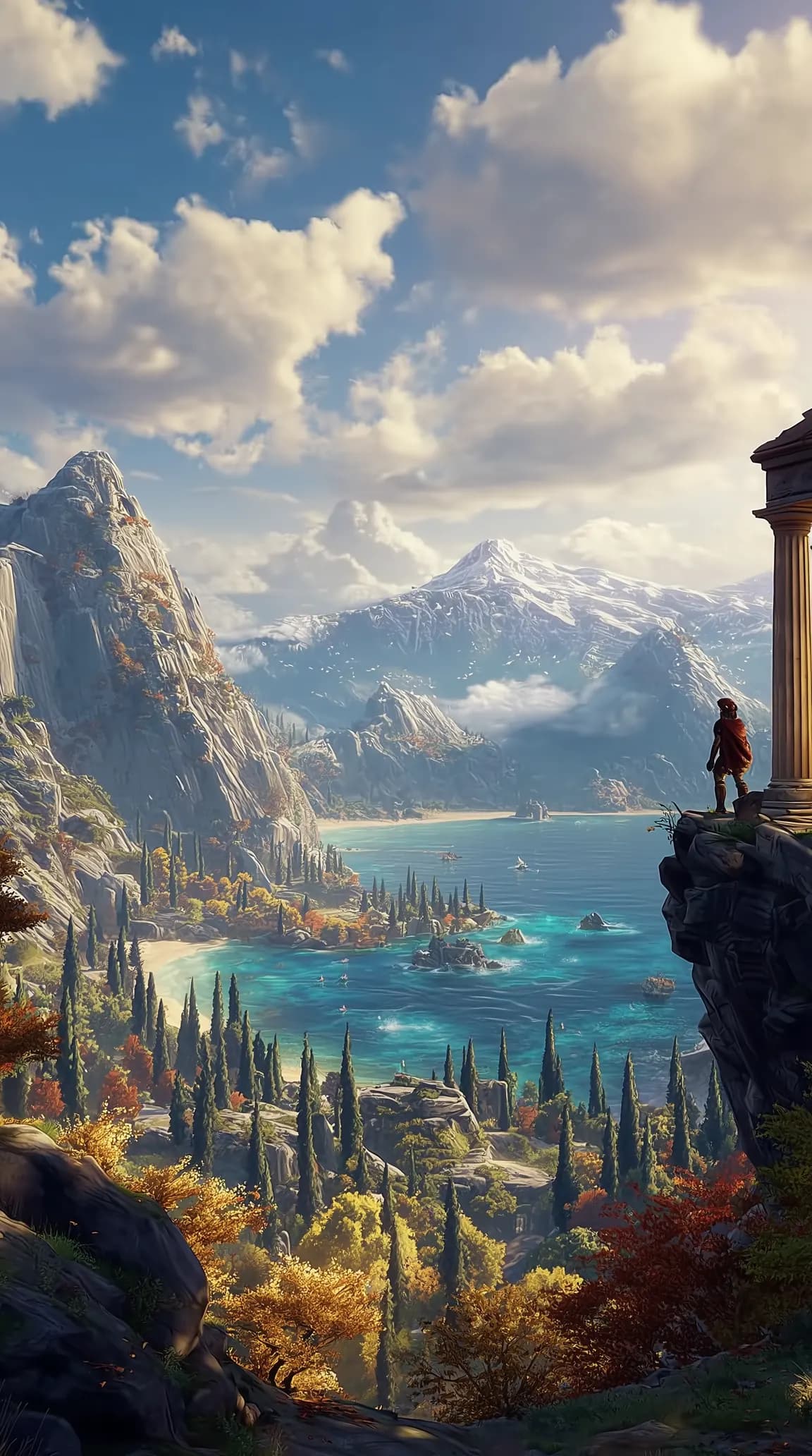 The pass of Thermopylae: mountains, a turquoise gulf and a lone Spartan on a cliff