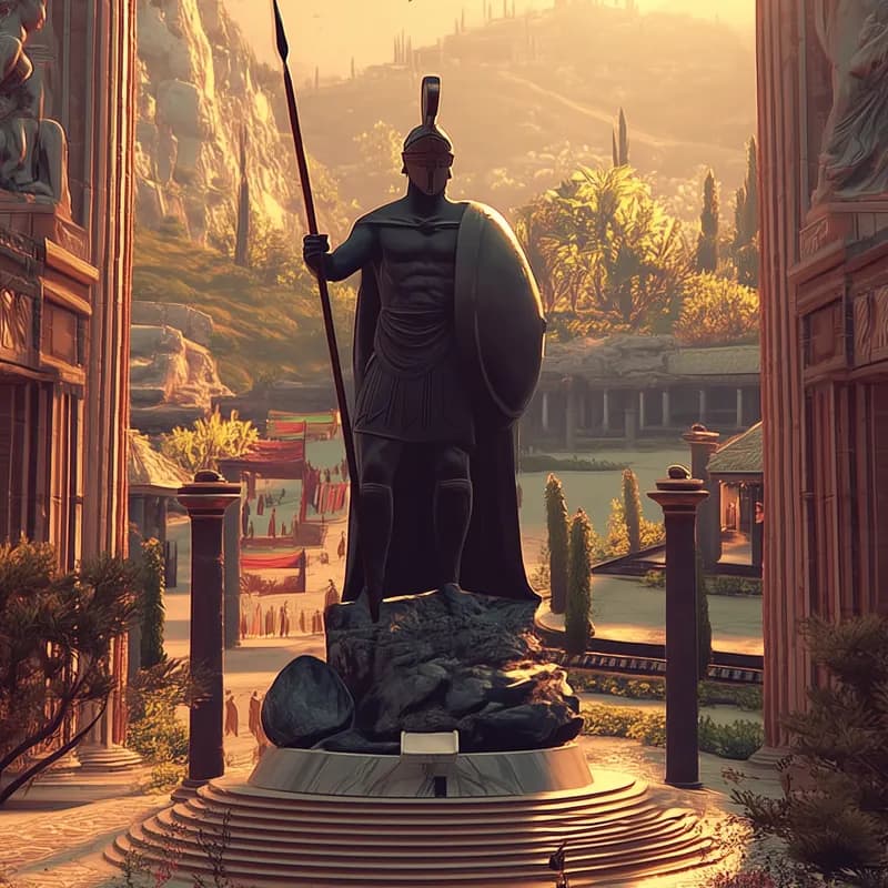 A bronze statue of Leonidas with spear and shield at his tomb, lit by the setting sun