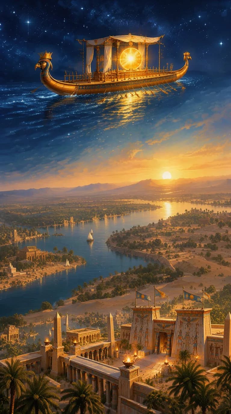 Ra's golden sun barque sailing the night sky above the Nile and a painted temple at dawn