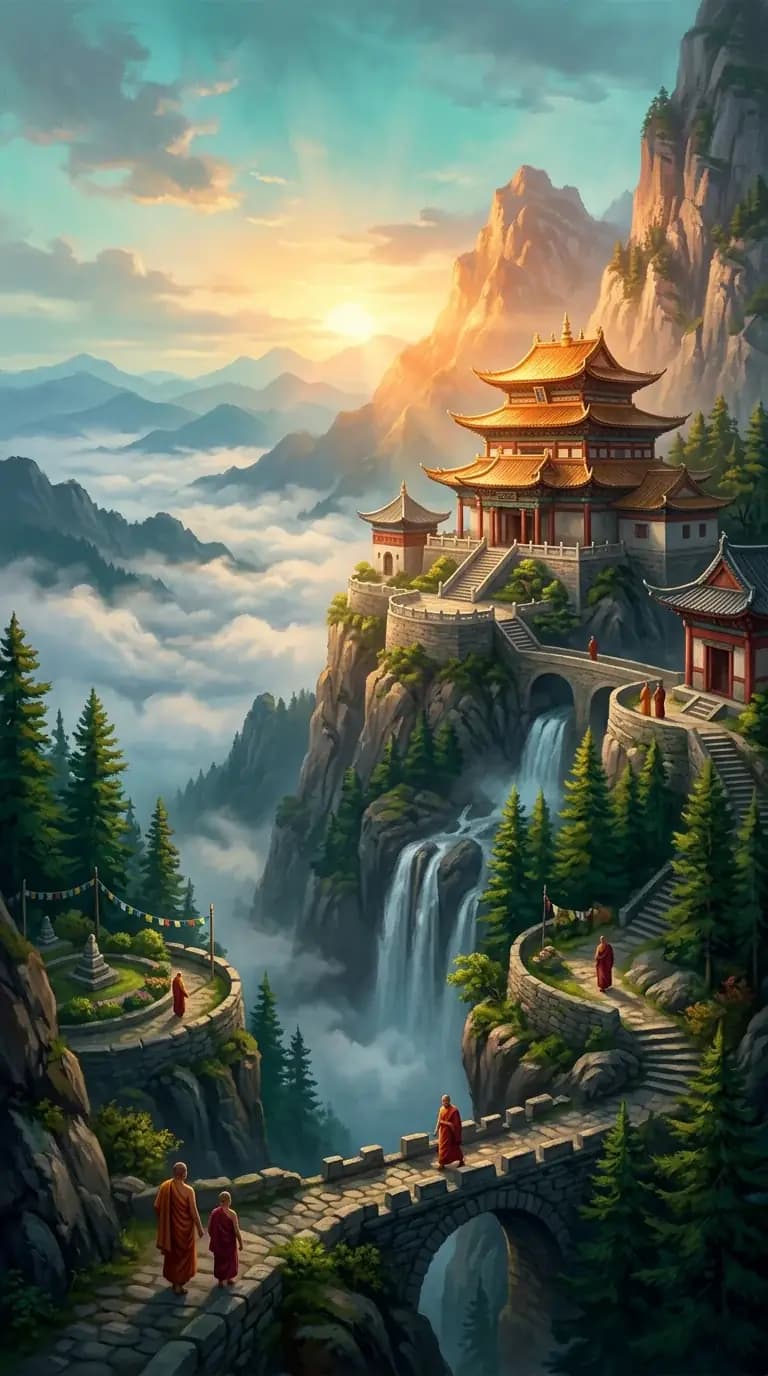 A monk temple among misty mountain peaks