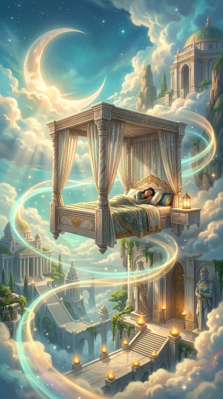 A serene figure resting peacefully on a floating four-poster bed suspended gently among soft glowing clouds and distant stars, a crescent moon casting warm silver-gold light, gentle spiraling ribbons of light representing sleep cycle waves drifting upward around the bed, a small lantern glowing softly on a nearby nightstand
