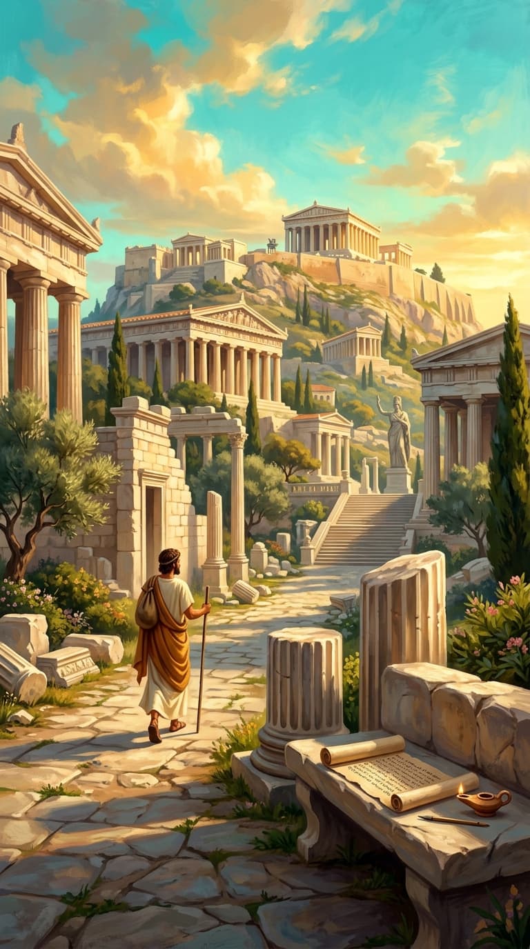 A lone figure in simple robes walking through the sunlit ruins of the Athens Agora at dawn, passing marble columns and an open scroll resting on a stone bench, the Acropolis rising in the distance