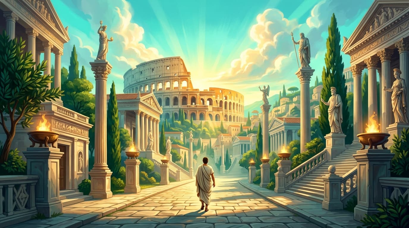 A lone figure in a white toga walks the sunlit Via Sacra at golden dawn, surrounded by towering marble temples with glowing braziers, lush laurel trees, and the Colosseum rising in the luminous turquoise morning sky above the ancient Roman Forum