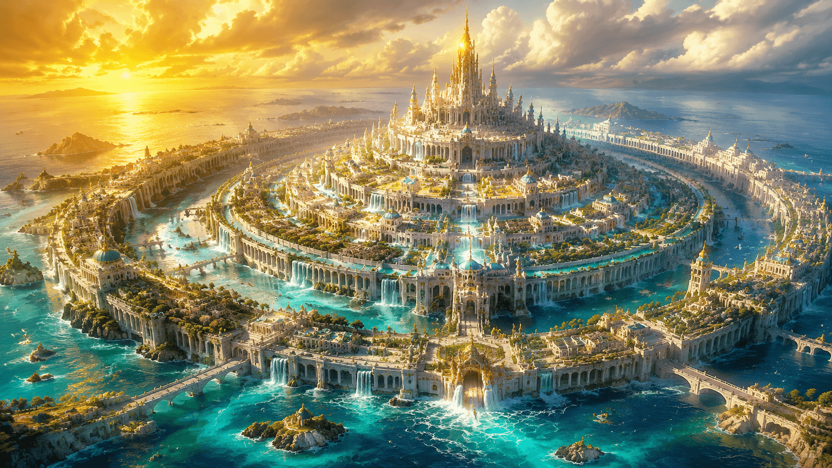 A breathtaking aerial view of the mythical island city of Atlantis at golden hour, concentric rings of gleaming white marble architecture rising from a cerulean ocean, waterfalls cascading between terraced gardens, radiant sunlight breaking through dramatic clouds, epic cinematic digital art, hyper-detailed, exceptionally crisp and sharp focus, luminous volumetric lighting, highly vibrant and colorful palette, radiant sunlight, mythic fantasy atmosphere, Unreal Engine 5 render, concept art for epic magical world, 8k ultra detailed, 16:9