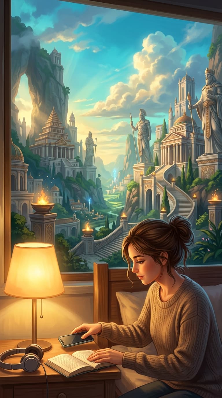 A person peacefully setting a smartphone face down on a nightstand in a warmly lit bedroom at dusk, soft lamp light, an open book and a pair of headphones resting nearby, calm and inviting atmosphere