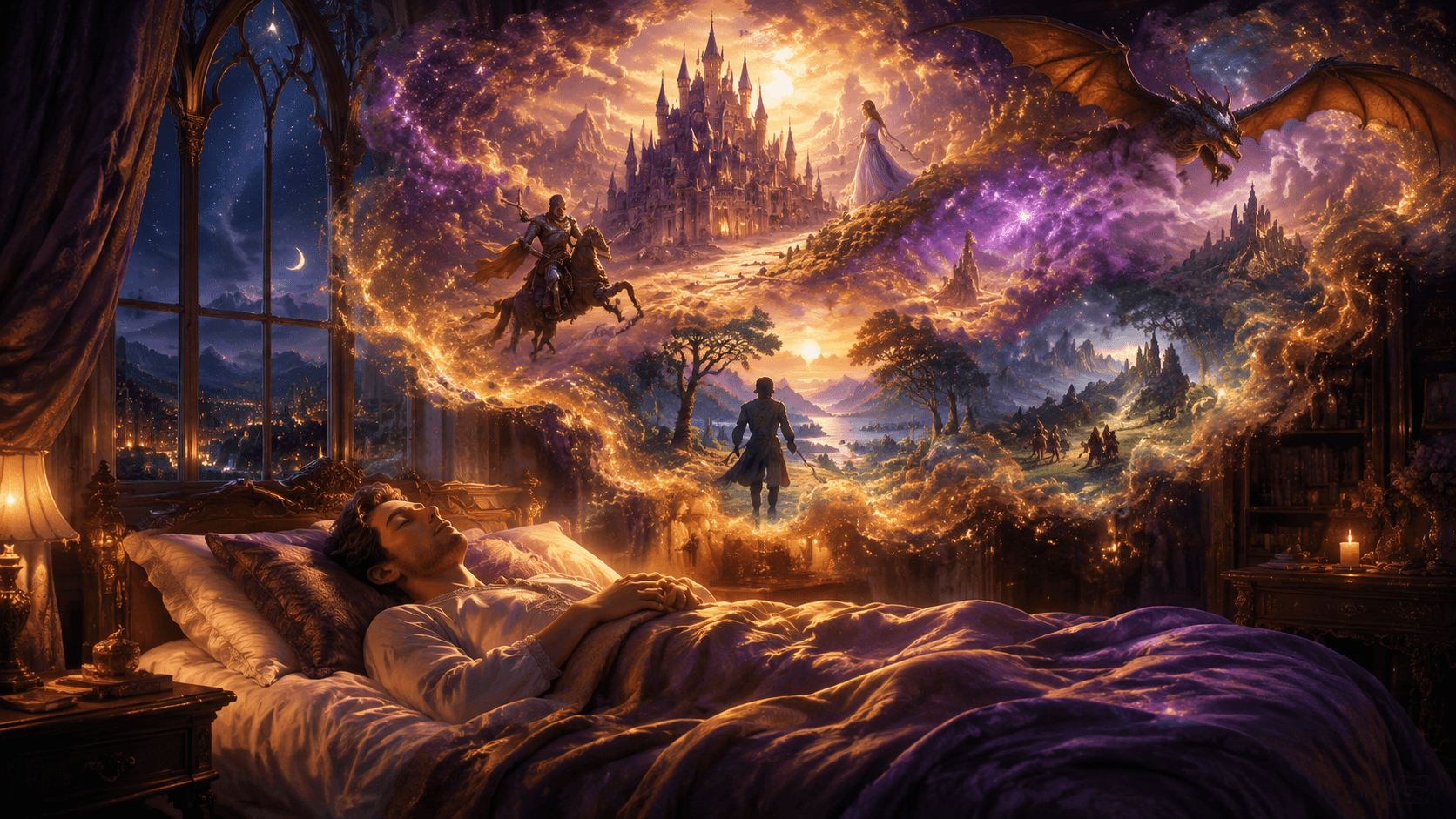 A serene adult bedroom at night, a single person lying peacefully under soft glowing blankets with closed eyes, surrounded by floating luminous story scenes emerging from golden mist, ancient castles and starlit forests materializing in the air above them, warm amber and violet volumetric light streaming through tall windows, epic cinematic digital art, hyper-detailed, exceptionally crisp and sharp focus, luminous volumetric lighting, highly vibrant and colorful palette, radiant sunlight, mythic fantasy atmosphere, Unreal Engine 5 render, concept art for epic magical world, 8k ultra detailed, 16:9