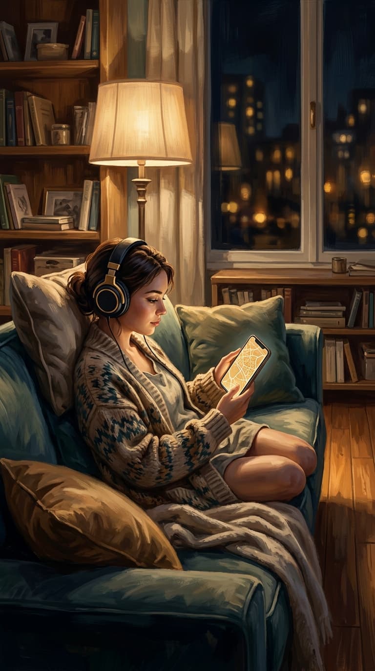 A person relaxing on a couch at night wearing headphones, phone in hand showing a glowing map of an ancient city, soft warm lamp light, cozy living room
