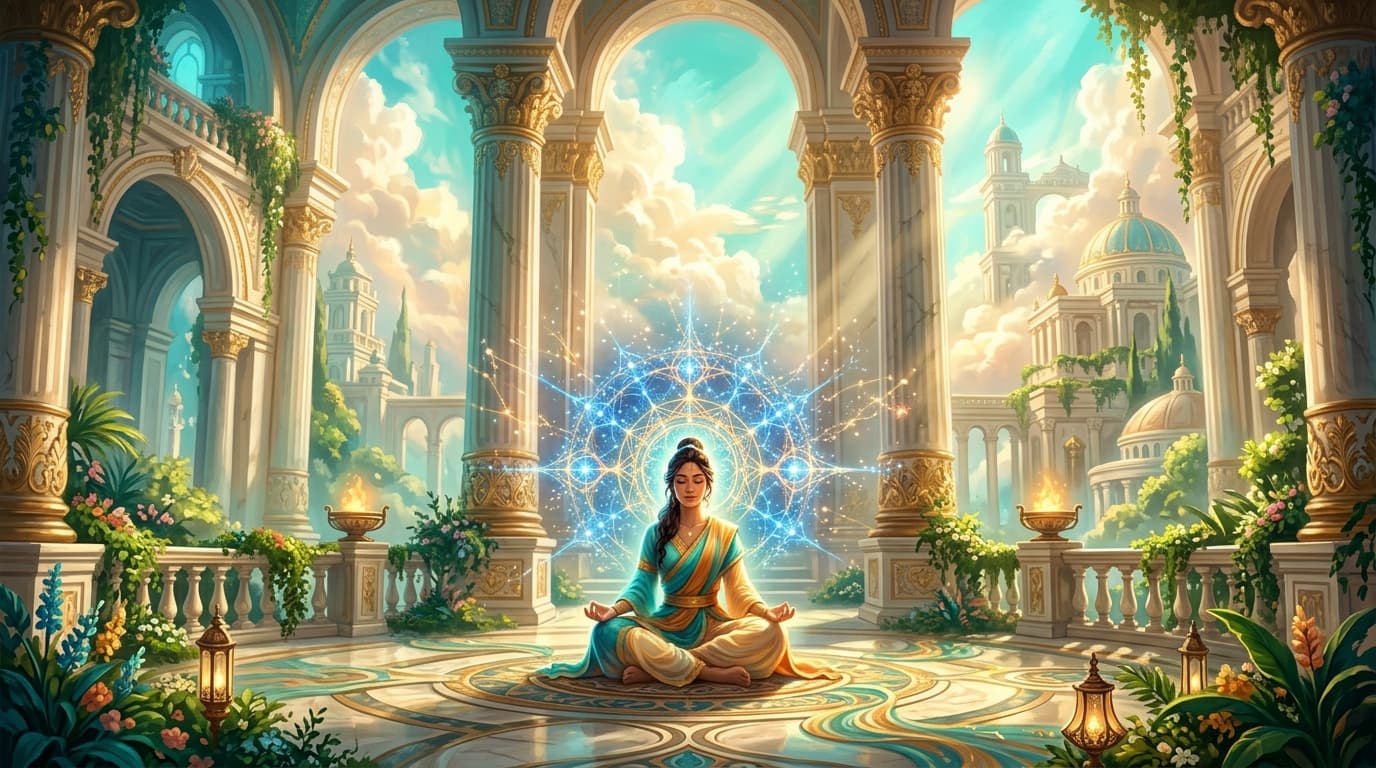 A serene human figure seated in soft golden light inside a vast luminous temple, glowing neural pathways radiating outward like constellations through turquoise and amber air, towering marble columns rising into radiant cloud-filled skies, lush greenery spilling over ornate balustrades, warm volumetric sunlight streaming through tall arched windows, the figure surrounded by a soft halo of sapphire and gold energy patterns, majestic sense of inner scale and calm, breathtaking atmospheric depth
