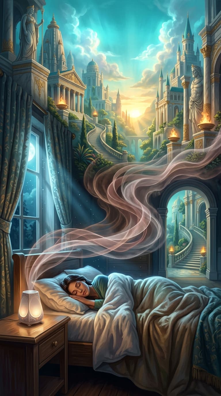 A person sleeping peacefully under soft blankets in a dim bedroom at night, gentle visible sound waves rendered in warm brown, dusty pink and pale white drifting through the air above the bed like layers of mist, a small glowing speaker resting on the nightstand, moonlight filtering through a half open curtain