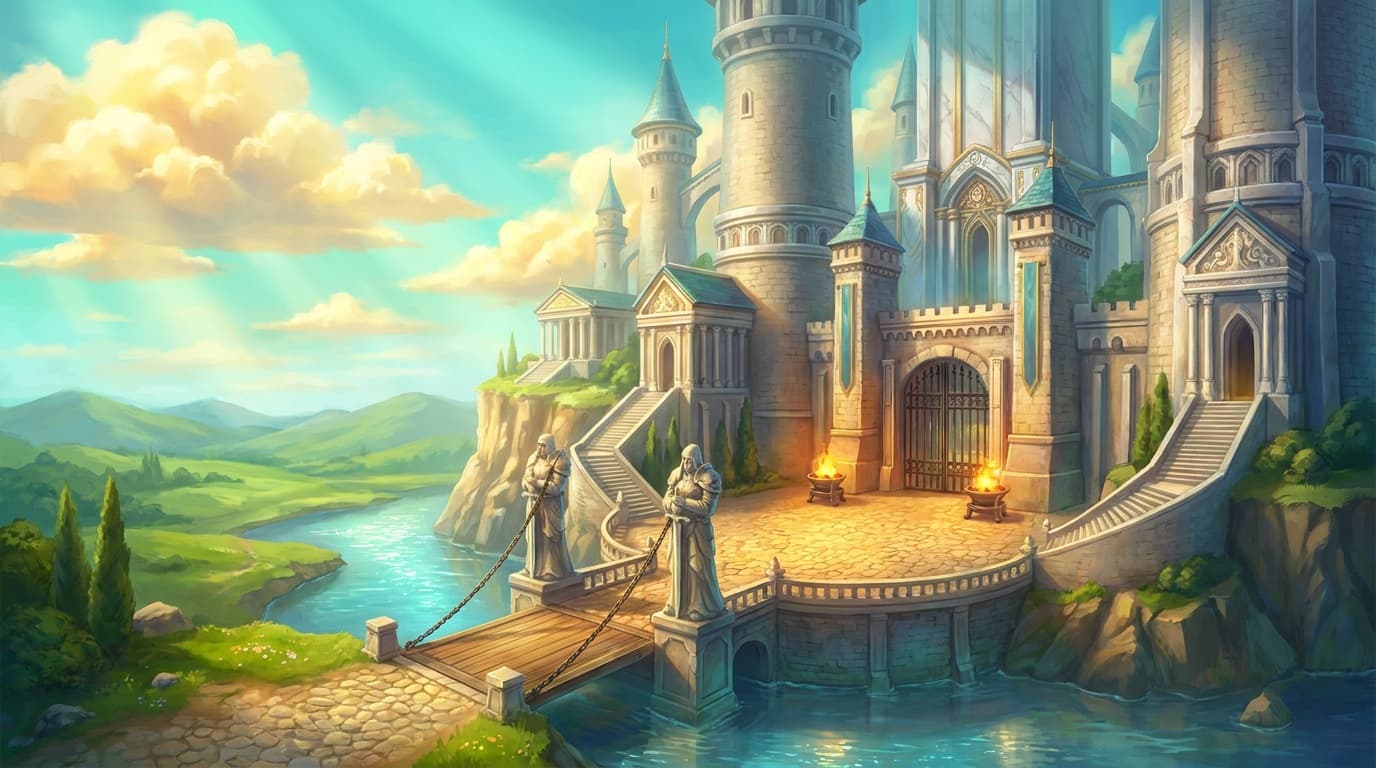 A grand medieval castle perched on a sunlit cliff, massive stone towers rising into a luminous turquoise sky filled with golden clouds, a wide drawbridge crossing a shimmering moat, warm amber light bathing the courtyard cobblestones, lush green hills rolling into the distance, glowing braziers flanking the iron gate, an atmosphere of absolute stillness and protected serenity